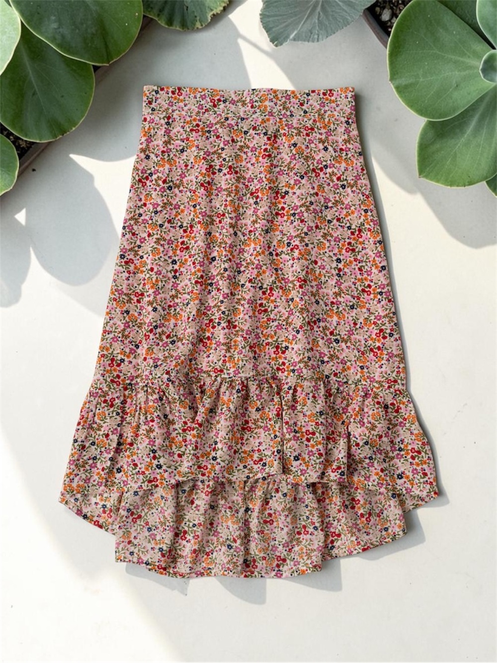 KidPik Multi Ditsy Pull On Floral Ruffle Hi Low Hem Maxi Skirt